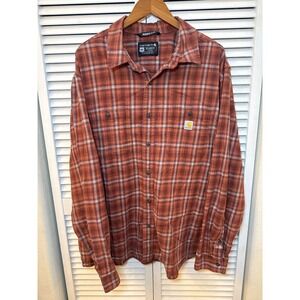 Carhartt Rugged Flex Relaxed Fit Plaid Flannel Shirt Mens 2XL Burnt Orange Long